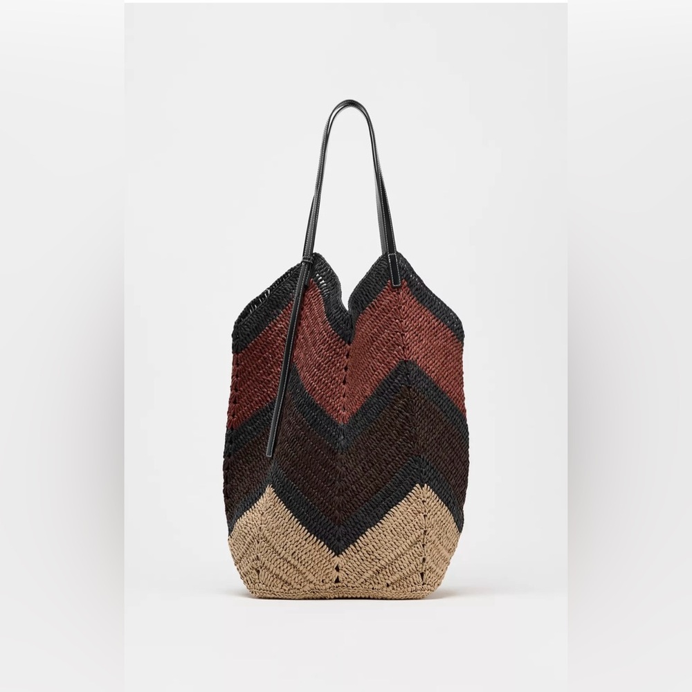 Zara Black and Brown Chevron Tote Bag